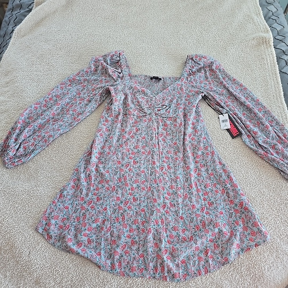 Rock & Roll Denim A-line Mini Dress Floral Long Sleeve XL NWT Festival Whimsical